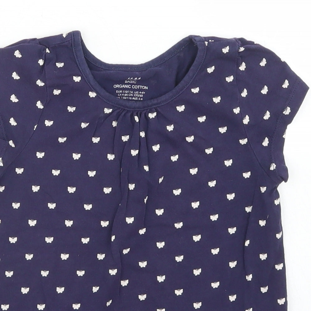 H&M Girls Blue Polka Dot Cotton Basic T-Shirt Size 4-5 Years Crew Neck  - Butterfly Print
