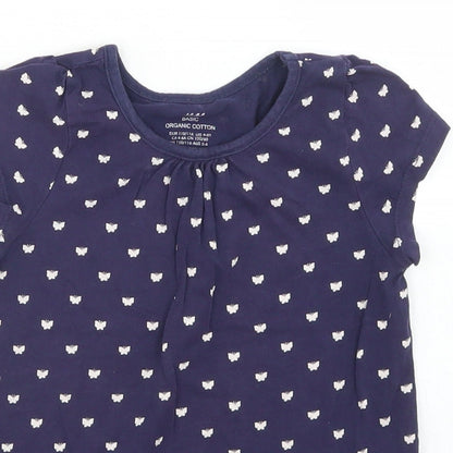 H&M Girls Blue Polka Dot Cotton Basic T-Shirt Size 4-5 Years Crew Neck  - Butterfly Print