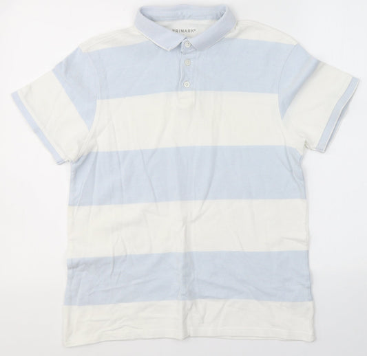 Primark Mens White Striped Cotton  Polo Size L Collared