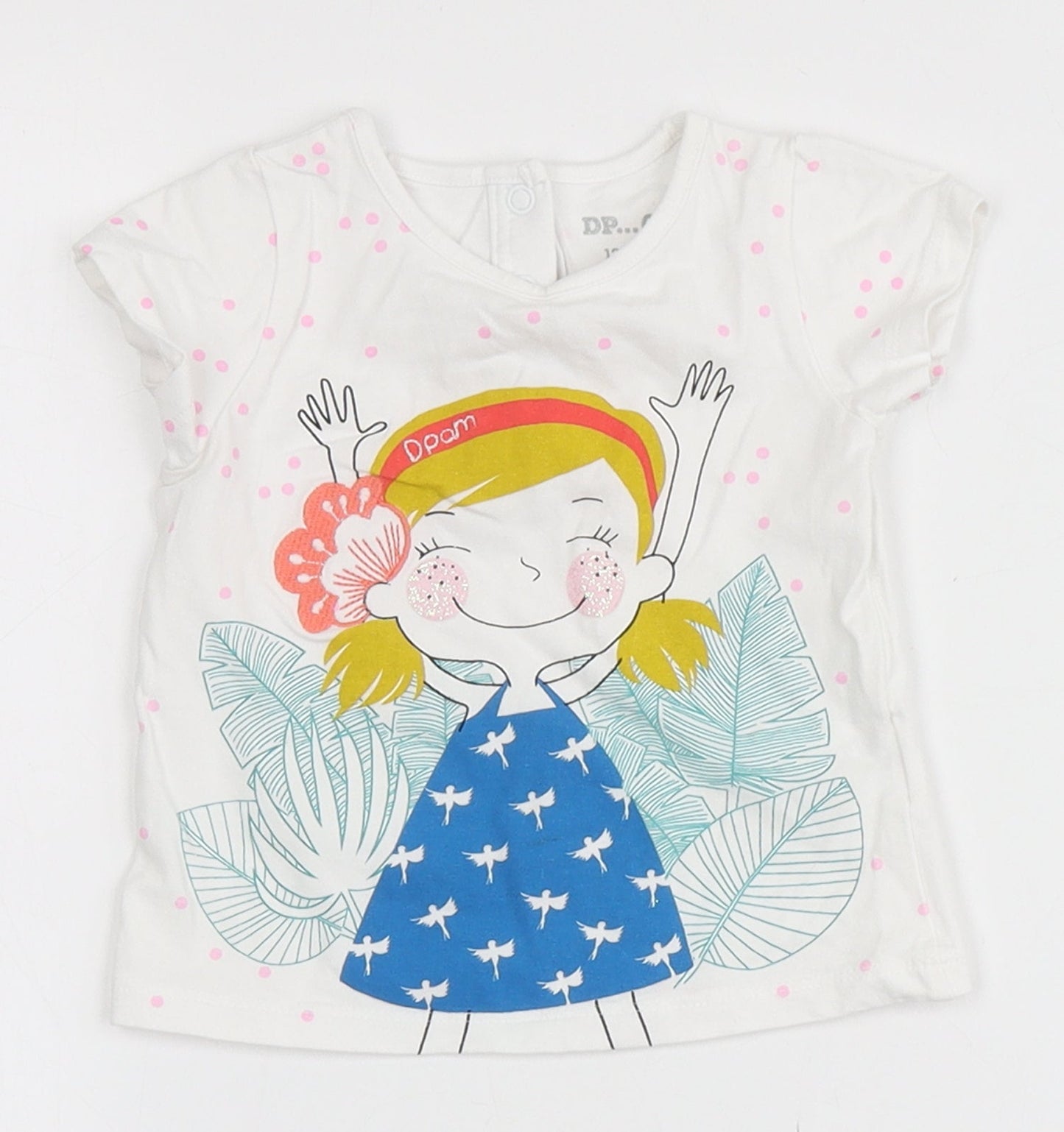 DP... am Girls White Spotted Cotton Pullover T-Shirt Size 9-12 Months Round Neck  - Flowers