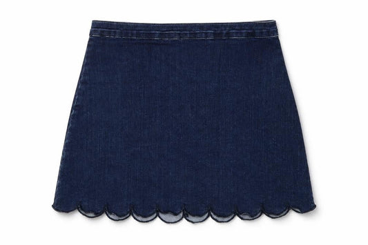 Front view of Savida women’s blue cotton a-line skirt, size UK 51, in zip - scalloped hem