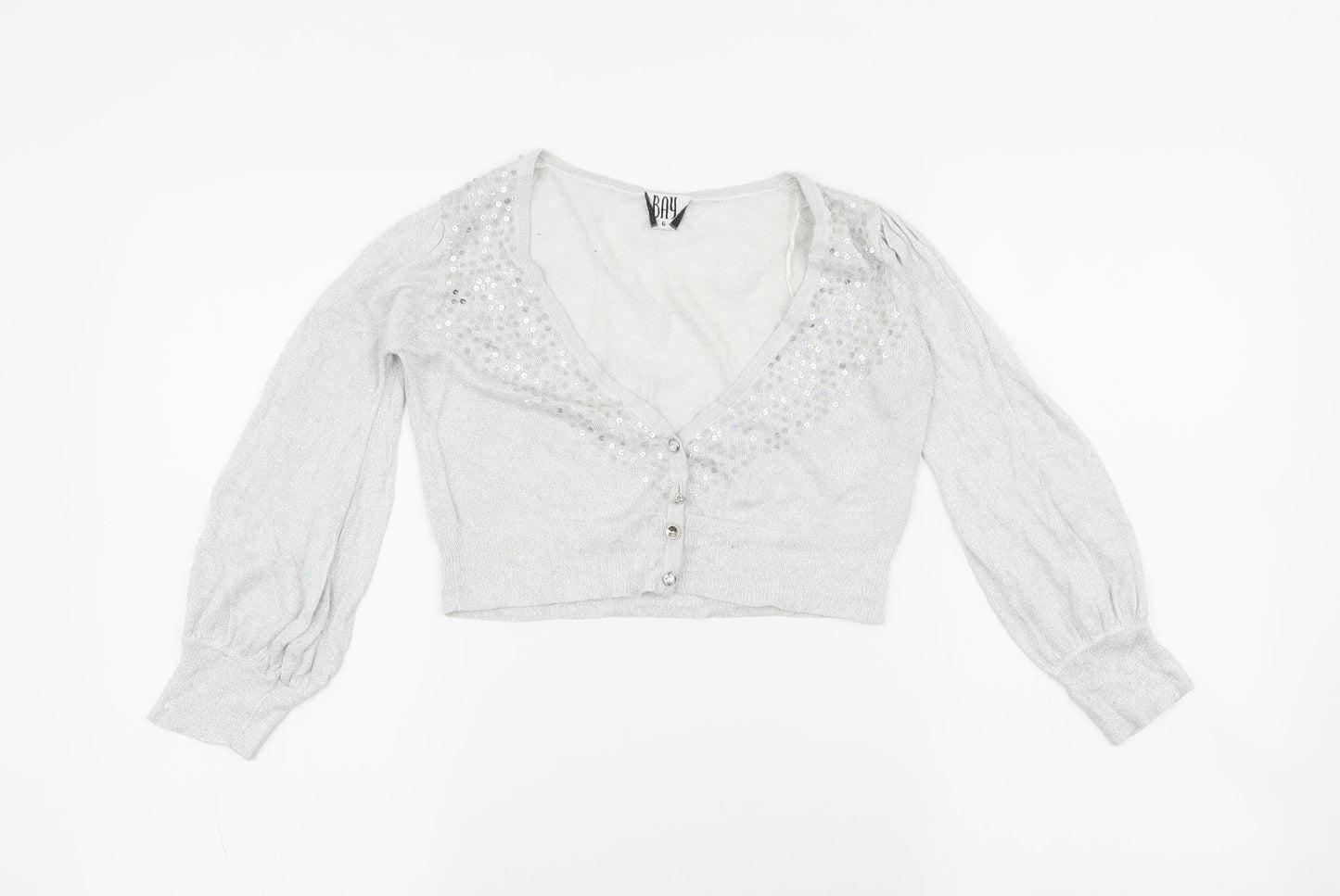 Bay Womens Grey V-Neck  Viscose Cardigan Jumper Size 6   - gem missing in button , cropped