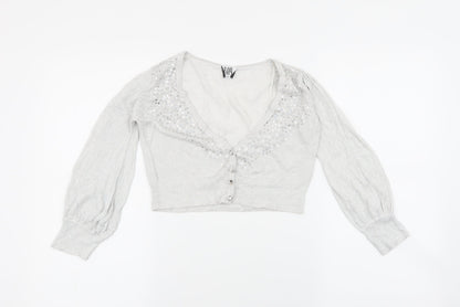 Bay Womens Grey V-Neck  Viscose Cardigan Jumper Size 6   - gem missing in button , cropped