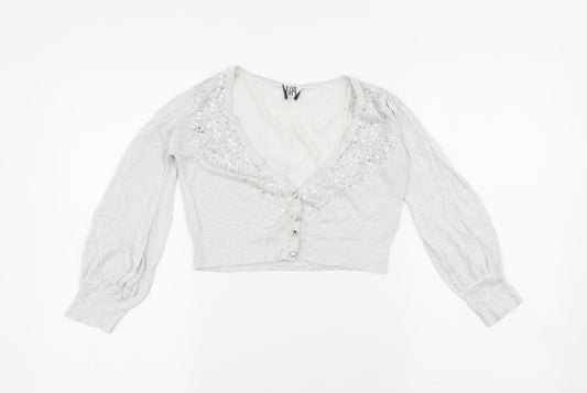 Bay Womens Grey V-Neck  Viscose Cardigan Jumper Size 6   - gem missing in button , cropped
