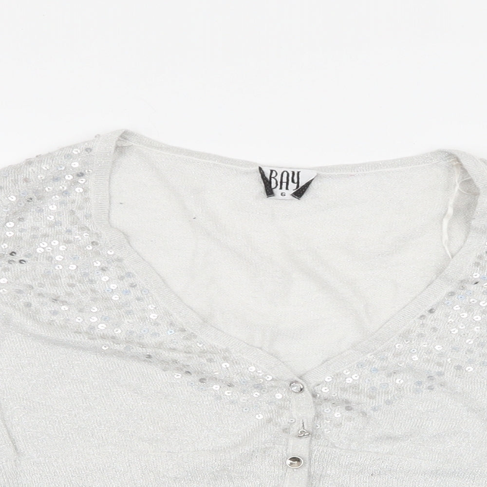 Bay Womens Grey V-Neck  Viscose Cardigan Jumper Size 6   - gem missing in button , cropped