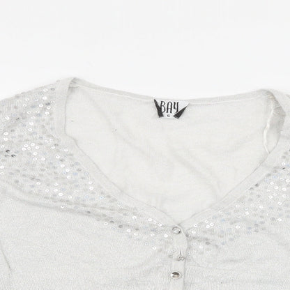 Bay Womens Grey V-Neck  Viscose Cardigan Jumper Size 6   - gem missing in button , cropped