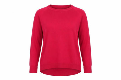 Front view of Primark women’s red round neck acrylic jumper, size L, - button sleeve detail