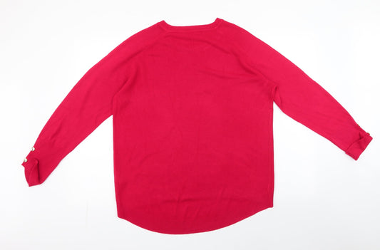 Primark Womens Red Round Neck  Acrylic Pullover Jumper Size L   - Button Sleeve Detail