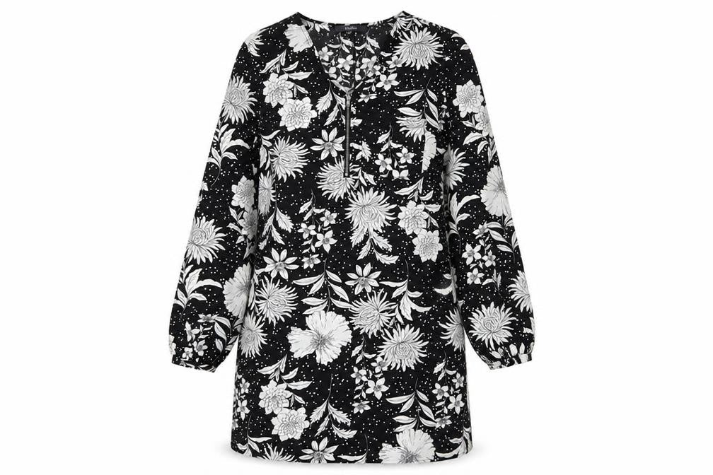 Front view of Studio women’s black floral polyester shirt dress, size UK 12, v-neck zip - polka dot