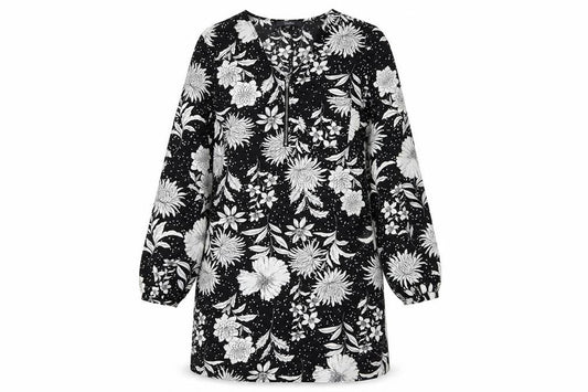 Front view of Studio women’s black floral polyester shirt dress, size UK 12, v-neck zip - polka dot