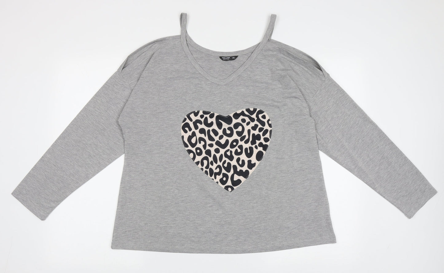 SheIn Womens Grey Animal Print Polyester Jersey T-Shirt Size XL V-Neck - Cold Shoulder