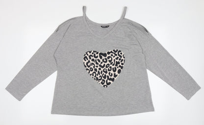 SheIn Womens Grey Animal Print Polyester Jersey T-Shirt Size XL V-Neck - Cold Shoulder
