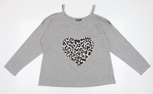 SheIn Womens Grey Animal Print Polyester Jersey T-Shirt Size XL V-Neck - Cold Shoulder