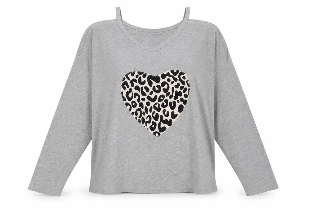 Front view of SHEIN women’s grey animal print polyester jersey t-shirt, size XL, v-neck - cold shoulder