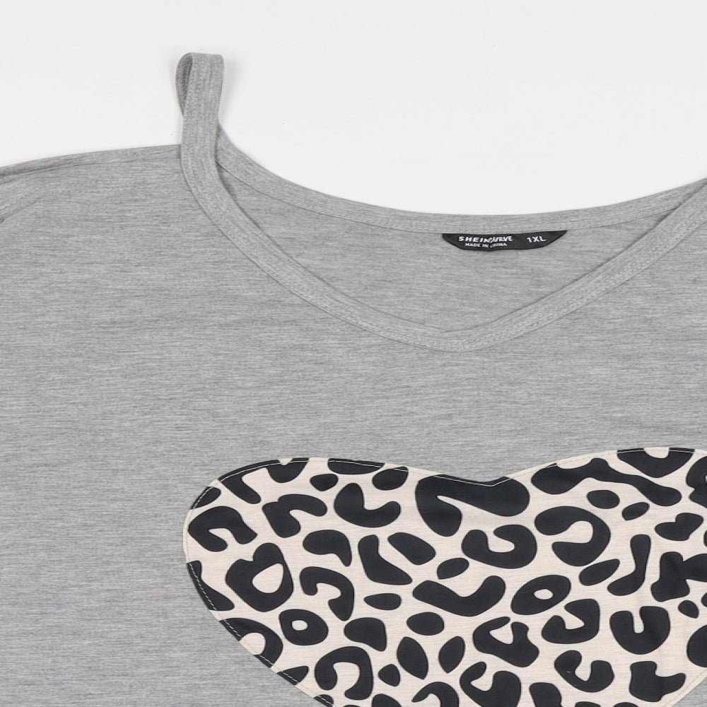 SheIn Womens Grey Animal Print Polyester Jersey T-Shirt Size XL V-Neck - Cold Shoulder