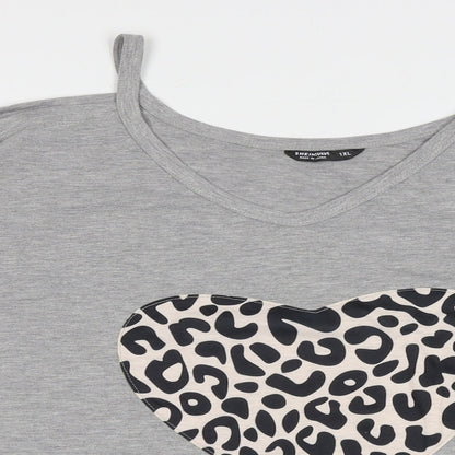 SheIn Womens Grey Animal Print Polyester Jersey T-Shirt Size XL V-Neck - Cold Shoulder