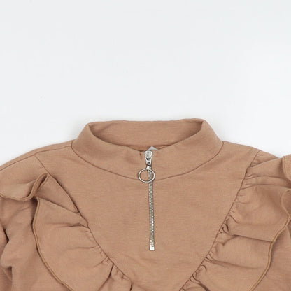 Matalan Girls Brown High Neck  Polyester Pullover Jumper Size 6 Years  Zip