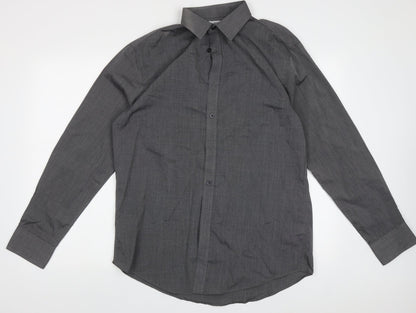 F&F Mens Grey  Polyester  Button-Up Size 15.5 Collared Button