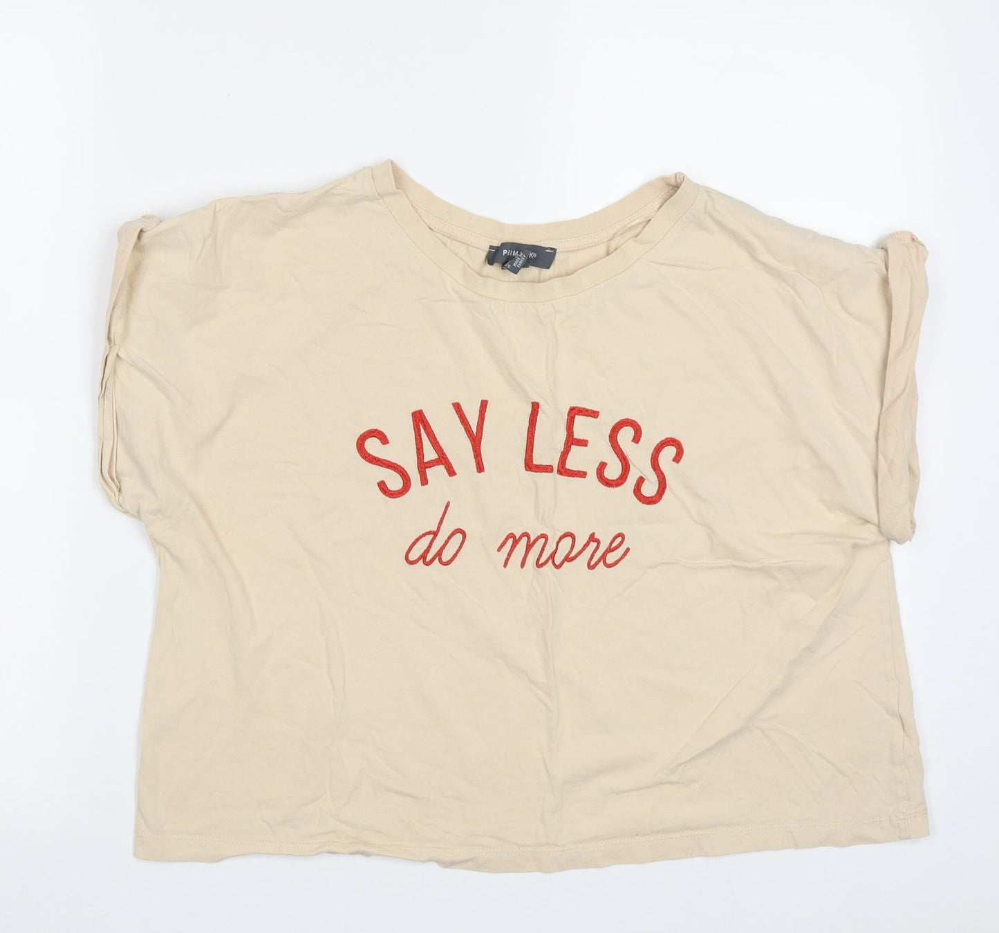 Primark Womens Beige  Cotton Cropped T-Shirt Size M Crew Neck - Say less do more