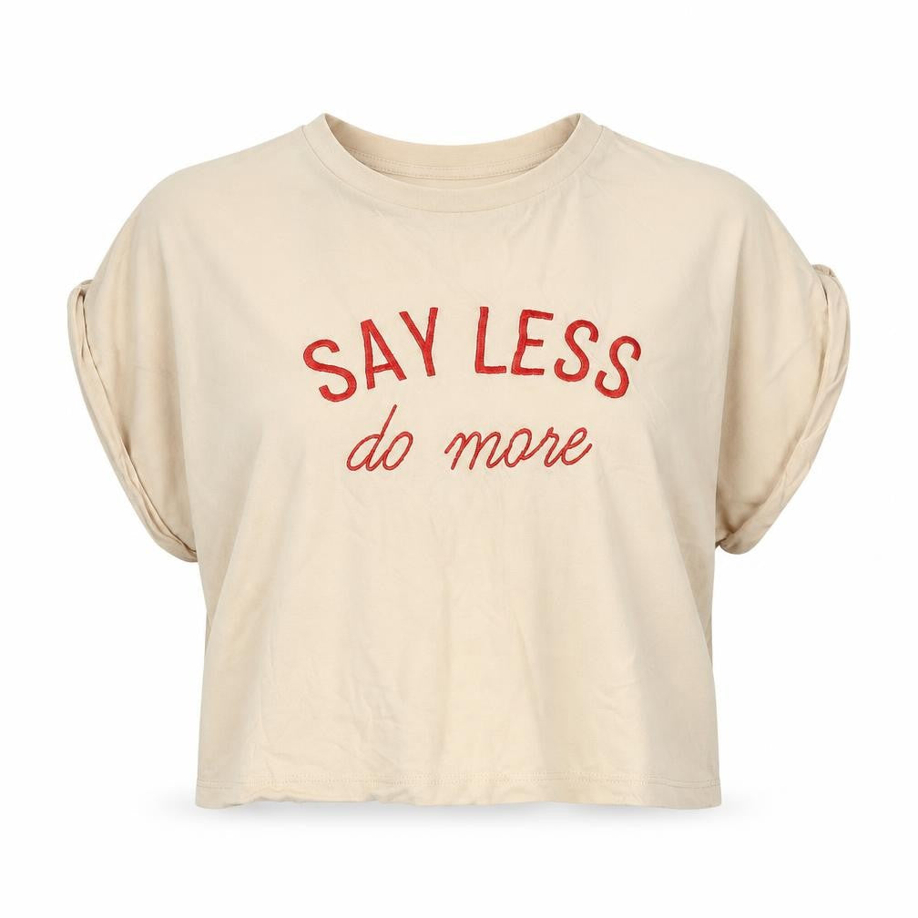 Front view of Primark women’s beige cotton cropped t-shirt, size M, crew neck - say less do more