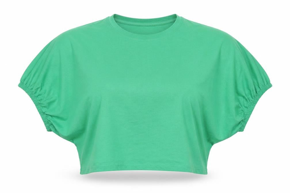 Front view of Zara women’s green cotton cropped t-shirt, size S, crew neck