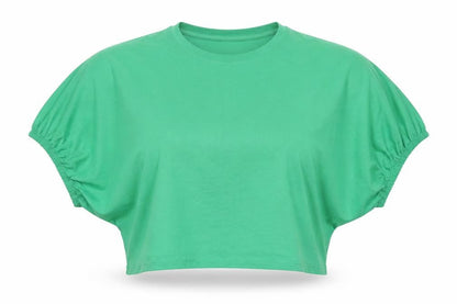 Front view of Zara women’s green cotton cropped t-shirt, size S, crew neck