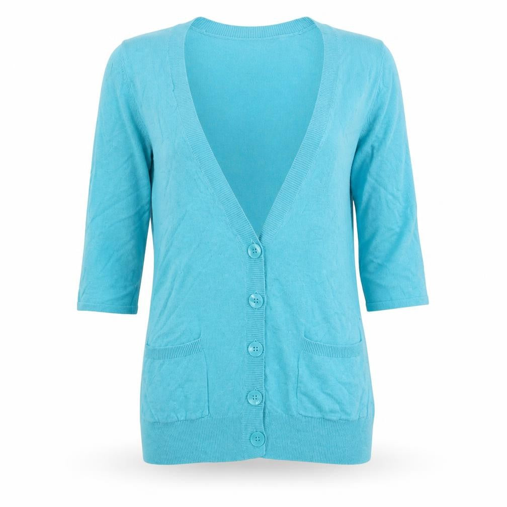 Front view of Dorothy Perkins women’s blue v-neck cotton cardigan jumper, size UK 10