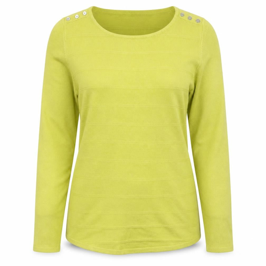 Front view of Bonmarché women’s green round neck acrylic jumper, size UK 10