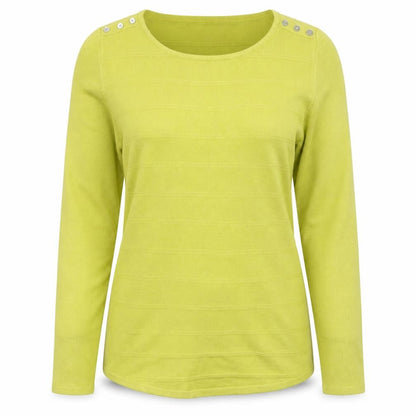 Front view of Bonmarché women’s green round neck acrylic jumper, size UK 10