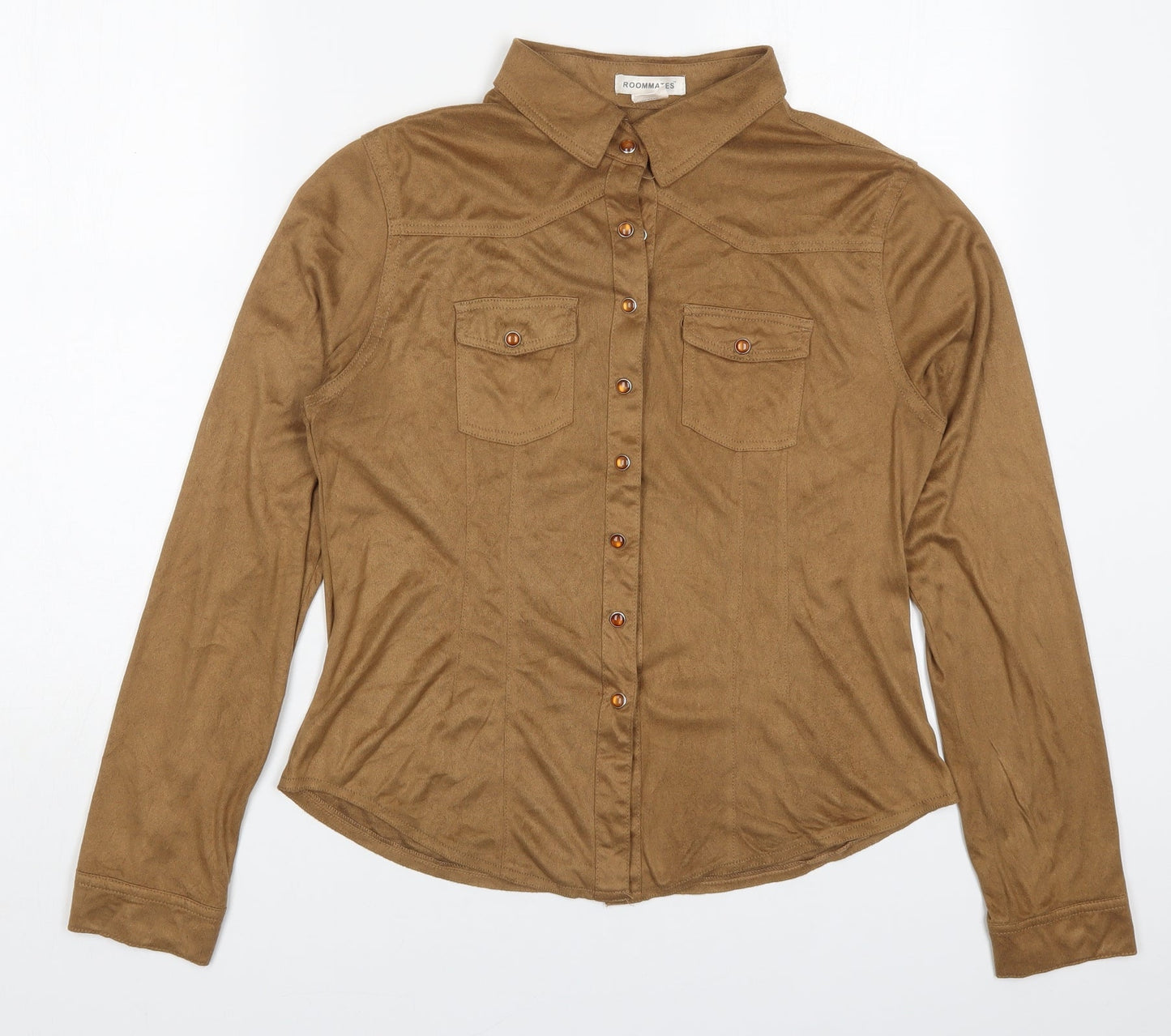 Roomates Womens Brown  Polyester Basic Button-Up Size L Collared