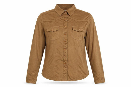 Front view of Roomates women’s brown polyester basic button-up, size L, collared