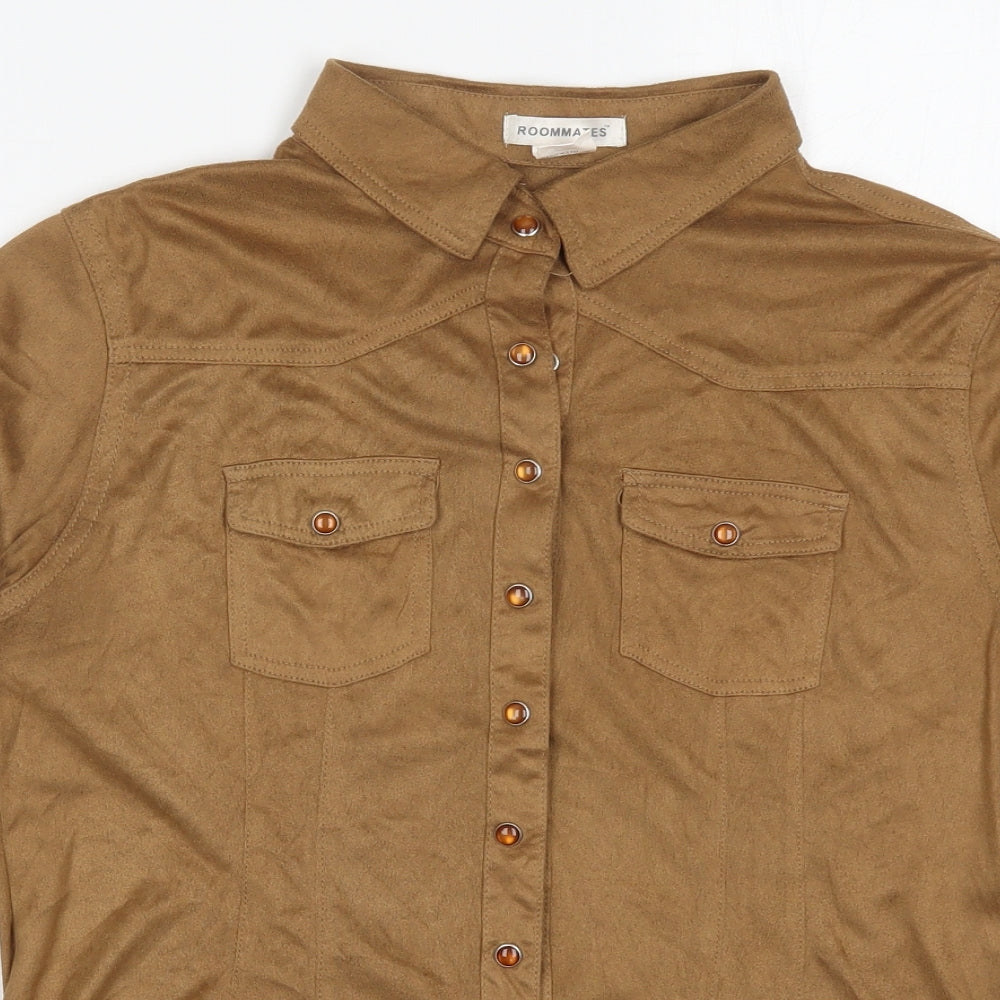 Roomates Womens Brown  Polyester Basic Button-Up Size L Collared