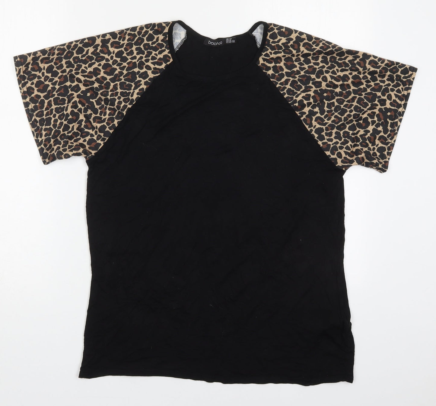 Boohoo Womens Black Animal Print Viscose Basic T-Shirt Size 12 Crew Neck