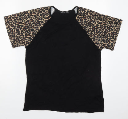 Boohoo Womens Black Animal Print Viscose Basic T-Shirt Size 12 Crew Neck