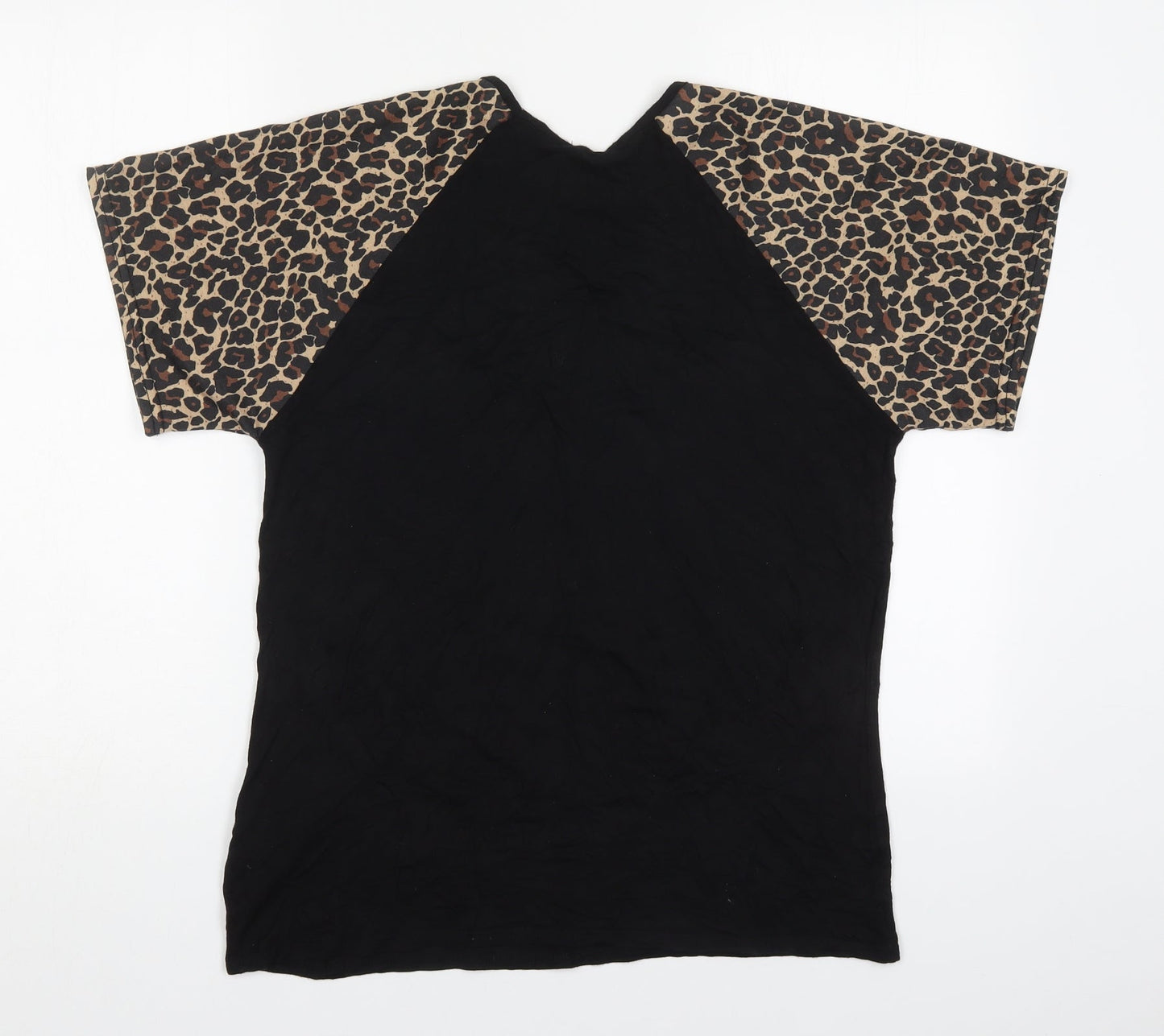 Boohoo Womens Black Animal Print Viscose Basic T-Shirt Size 12 Crew Neck