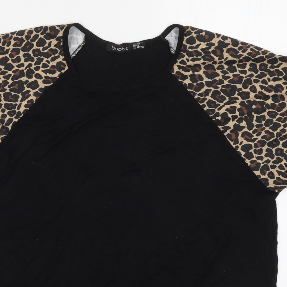 Boohoo Womens Black Animal Print Viscose Basic T-Shirt Size 12 Crew Neck