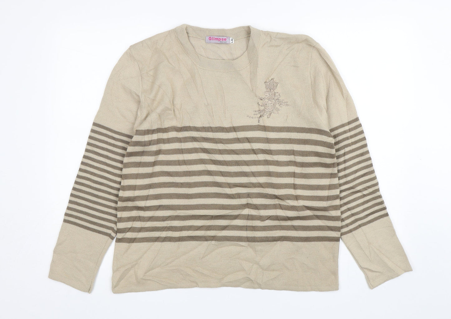 Glimpse  Womens Beige Round Neck Striped Polyester Pullover Jumper Size L