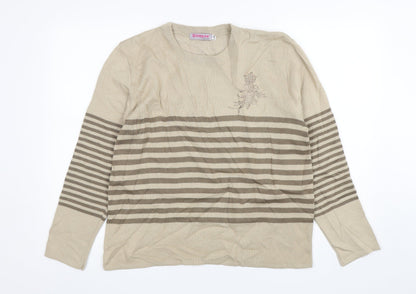 Glimpse  Womens Beige Round Neck Striped Polyester Pullover Jumper Size L