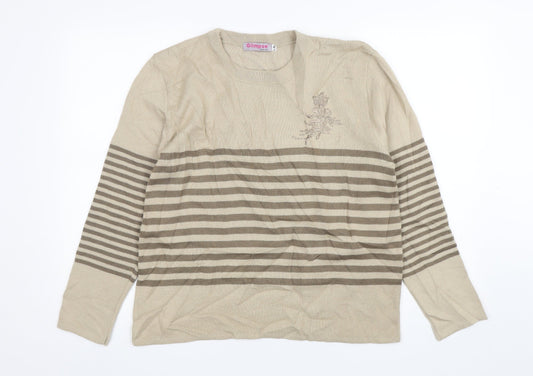 Glimpse  Womens Beige Round Neck Striped Polyester Pullover Jumper Size L