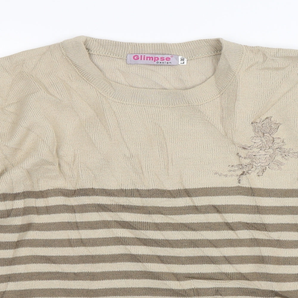 Glimpse  Womens Beige Round Neck Striped Polyester Pullover Jumper Size L