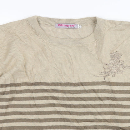 Glimpse  Womens Beige Round Neck Striped Polyester Pullover Jumper Size L