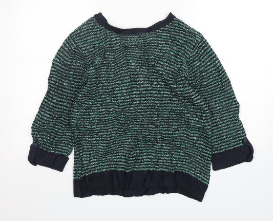 Isle Essentials Womens Green Round Neck Striped Cotton Pullover Jumper Size S