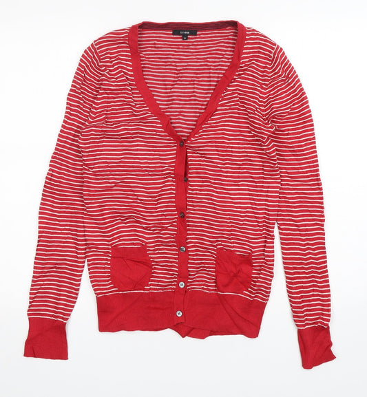 Linea Womens Red V-Neck Striped Cotton Cardigan Jumper Size S