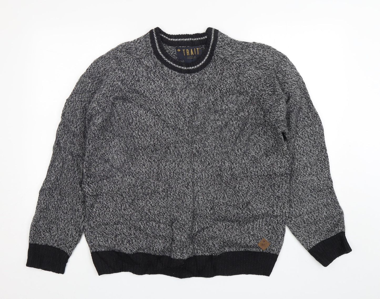 Trait  Mens Grey Round Neck  Acrylic Pullover Jumper Size L