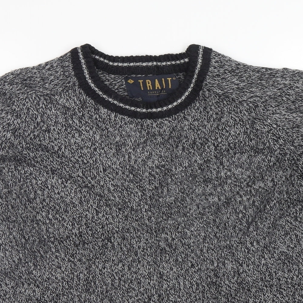 Trait  Mens Grey Round Neck  Acrylic Pullover Jumper Size L
