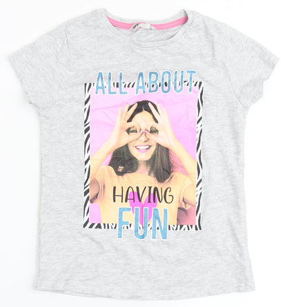 PEP & CO Girls Grey  Cotton Basic T-Shirt Size 7-8 Years Round Neck  - All about having fun