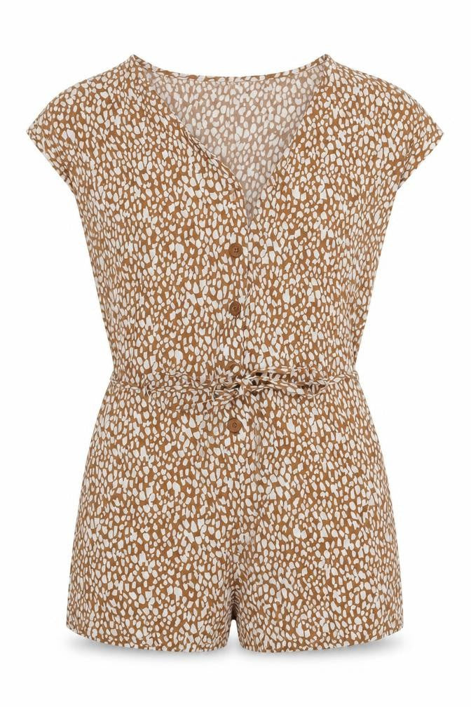 Front view of Primark women’s yellow spotted cotton romper one-piece, size UK 8, 3-inch leg button