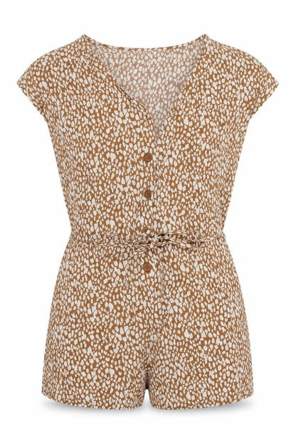 Front view of Primark women’s yellow spotted cotton romper one-piece, size UK 8, 3-inch leg button