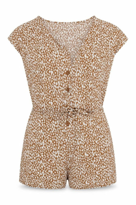 Front view of Primark women’s yellow spotted cotton romper one-piece, size UK 8, 3-inch leg button