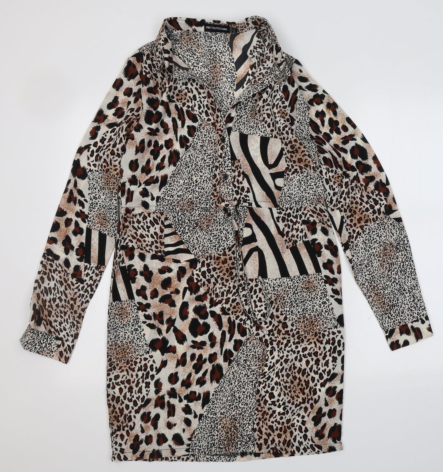PRETTYLITTLETHING Womens Multicoloured Animal Print Polyester A-Line  Size 6  Collared  - leopard Print